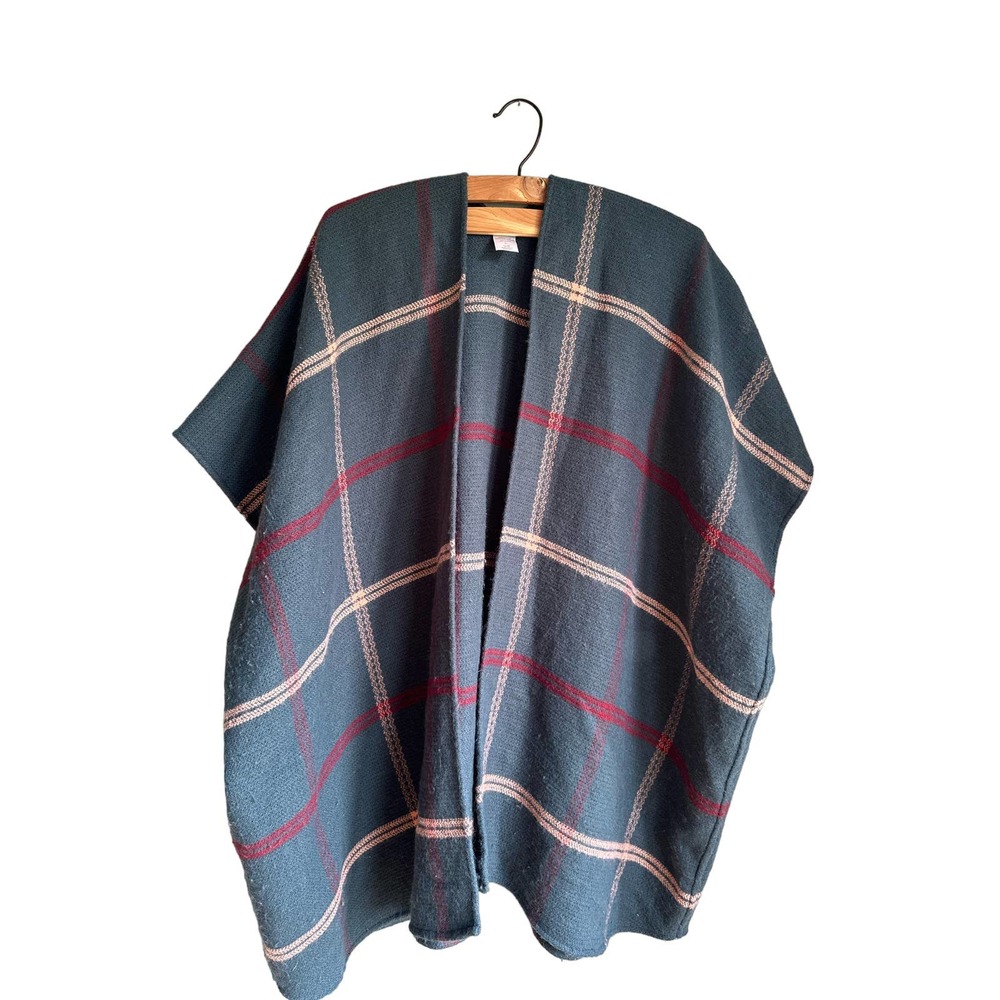 Ann Taylor Loft Womens Sweater Cape Open‎ Front Plaid Arm Holes Gray One Size